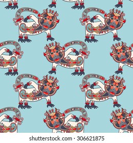 seamless pattern fabric with unusual tribal animal in ukrainian karakoko style, repetitive folk background, vector illustration