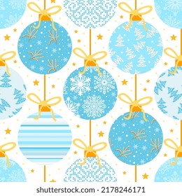 Seamless pattern for fabric, wallpaper with blue Christmas balls with various ornaments and small gold stars on a white background in vector.