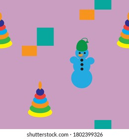 seamless pattern for fabric and Wallpaper for children with toys on a delicate background, snowman, pyramid