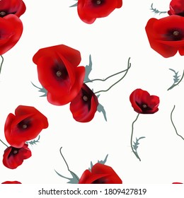 
Seamless pattern for fabric, wallpaper, paper. Red poppies, green leaves, are arranged on a white background. Summer mood, floral motif.