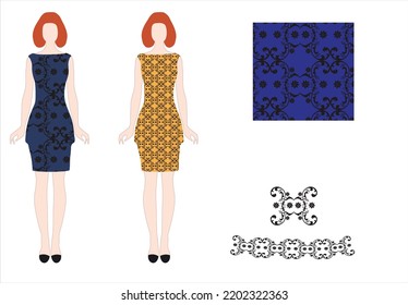 Seamless pattern for the fabric of women's dresses. Two models of young girls in a dress from sample fabric. Use for print clothes, textiles, packaging. Vector illustration.