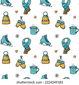 Seamless pattern for fabric, wrapping. Skates and warm winter clothes