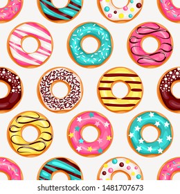 Seamless pattern for fabric, wrapping, wallpaper. Decorative print.  Pink donut, chocolate donut, lemon and blue mint donuts with different topping on white background