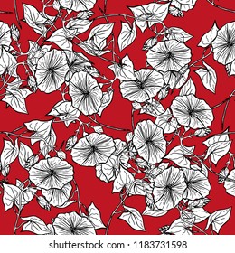Seamless pattern for fabric, wrapping and wallpapers with hand drawn convolvulus flower. Morning glory flower repetition texture. Tribal, ethnic, natural floral background.