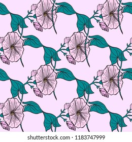 Seamless pattern for fabric, wrapping and wallpapers with hand drawn convolvulus flower. Morning glory flower repetition texture. Tribal, ethnic, natural floral background.