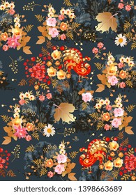 Seamless pattern with fabulous birds in the blooming garden at night. Print for fabric, wallpaper.