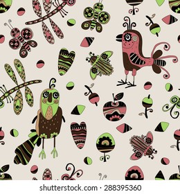 Seamless pattern with fabulous birds, dragonflies, butterflies and beetles.
