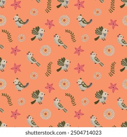 Seamless pattern with fabulous birds and flowers. Design for fabric, textiles, wallpaper, packaging