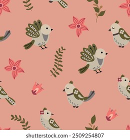 Seamless pattern with fabulous birds and flowers. Design for fabric, textiles, wallpaper, packaging	