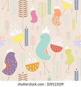 Seamless pattern with fabulous birds and flowers. Vector texture with fairy tale birds and flowers