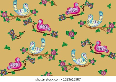 Seamless pattern with fabulous birds on branches and flowers. On a golden background