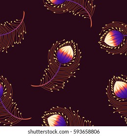 Seamless pattern fabulous colorful feather of the Firebird lights on a dark background