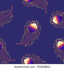 Seamless pattern fabulous colorful feather of the Firebird lights on a blue background