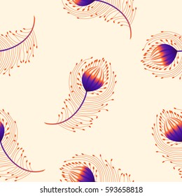 Seamless pattern fabulous colorful feather of the Firebird lights on a pastel background