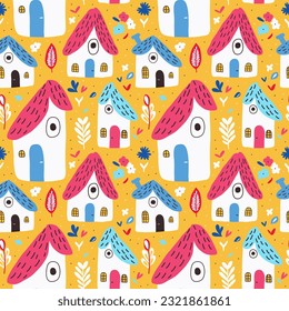 Patrón sin foco de fabulosas casas forestales con flores y hojas sobre fondo amarillo. Hermoso patrón de bebé sin fisuras para impresión de tela, papel pintado o embalaje. 