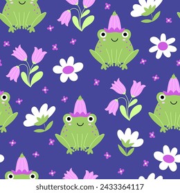 Seamless pattern with fabulous frogs with flowers bells and daisies on a dark blue background. Design for children. Perfect for wallpaper, wrapping paper, fabric or textile.