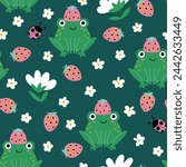Seamless pattern with fabulous frogs with strawberries and ladybugs on a dark green background. Design for children. Perfect for wallpaper, wrapping paper, fabric or textile.