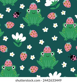 Seamless pattern with fabulous frogs with strawberries and ladybugs on a dark green background. Design for children. Perfect for wallpaper, wrapping paper, fabric or textile.