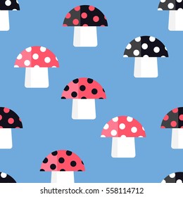 Seamless pattern of the fabulous fungi. Cartoon amanita. Pattern of mushrooms