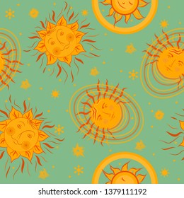 
Seamless pattern with fabulous positive suns. Summer print for the beach, bags, swimsuits. Drawing for summer beach vacation. Vector.