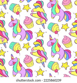 Seamless pattern with fabulous unicorns, cupcakes and stars. Purple fantasy pony. Vector illustration in cartoon style. Children's illustration.