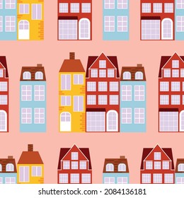 Patrón sin foco con las casas escandinavas de fachada. Arquitectura С de estilo nórdico. Diseño retro para impresión en tela, papel envolvente, papel tapiz, embalaje. Ilustración del vector