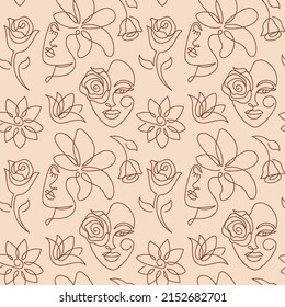 Nahtloses Muster mit einem Gesicht einer abstrakten Frau mit einer Rosenblume in einem modernen abstrakten minimalistischen Stil einer Linie. Kontinuierliche Blumenlinie steht vor einer einfachen Zeichnung. Vektorgrafik zur Mode. 