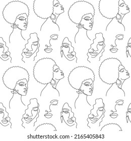 Seamless pattern with a face of an Afro women in a modern abstract minimalist one line style with minimal shapes. Continuous black line of an African girl simple drawing. Vector illustration.