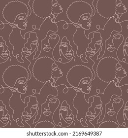 Seamless pattern and face an Afro women in modern abstract minimalist one line style and minimal shapes  Continuous black line an African girl simple drawing  Vector illustration 