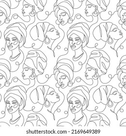 Seamless pattern with a face of an Afro women in a modern abstract minimalist one line style with minimal shapes. Continuous black line of an African girl simple drawing. Vector illustration.