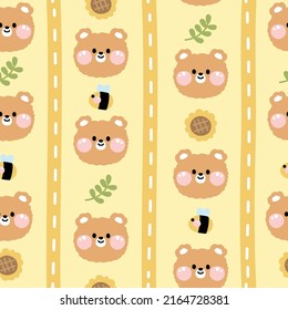 Seamless Pattern Of Face Bear With Bee And Sunflower Cartoon On Yellow Backgorund.Summer.Spring.Nature.Kawaii.Vector.Illustration.