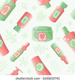 Seamless pattern of face and body cosmetics in vector. Cosmetics from plants and herbs. Background natural herbal organic cosmetic. Skin care. Spa eco product. Design for of beauty salons and stores