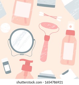 Patrón transparente cara cosmética. Gel de limpieza, bastoncillos de algodón, spray, tónico, crema, masajeador, espejo. Ilustración vectorial de belleza