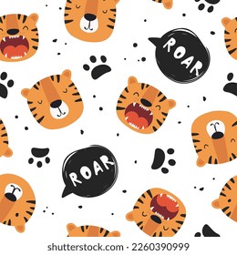 Seamless pattern with face of cute tiger. Vector illustration in flat style. Can be used for fabric, wrapping paper, scrapbooking, textile, poster etc.