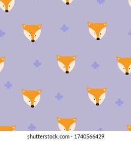 Seamless pattern the face of a Fox. Vector drawing of purple background.