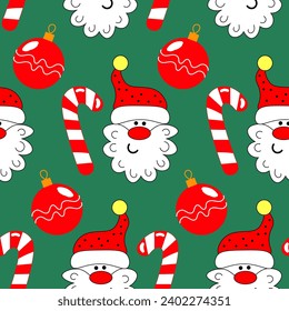 Patrón sin foco, cara de Papá Noel divertido, caramelos y bolas de Navidad en un fondo azul. Imprimir, textil, vector