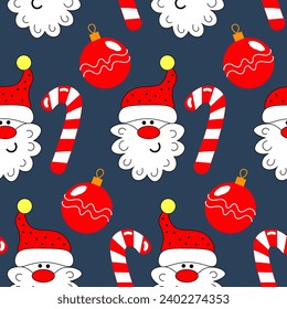 Patrón sin foco, cara de Papá Noel divertido, caramelos y bolas de Navidad en un fondo azul. Imprimir, textil, vector