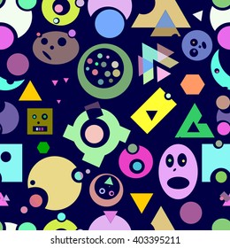 seamless pattern face and geometrical figures on a dark blue background. Vector eps10 illustration
