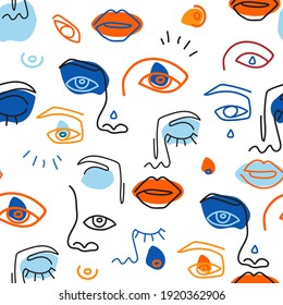 Seamless pattern face line art. surreal face painting with soft color circles. Vector Surreal Face Background, Linear Art, Colored Illustration, Woman Faces. Surreal women faced on white background