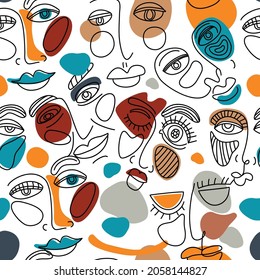 Seamless pattern face line art. surreal face painting with color shapes. Vector Surreal Face Background, Linear Art, Colored Illustration, Woman Man Faces. Surreal women faced on white background