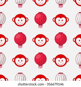 Seamless pattern face monkeys. Happy New Year red monkey. Chinese New Year.  Chinese Lantern