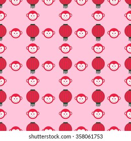 Seamless pattern face monkeys. Happy New Year red monkey. Chinese New Year.  Chinese Lantern. Geometric pattern