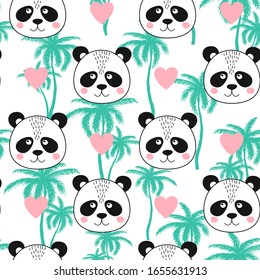 Seamless pattern with face panda and heart in Scandinavian style on tropical palm tree. Baby shower, print texture, textile background concept. Vector Illustration
