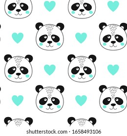 Seamless pattern with face panda and heart in Scandinavian style. Baby shower, print texture, textile background concept. Vector Illustration