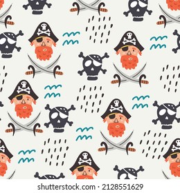 Seamless pattern face pirate swords skull. Doodle Hand drawn nursery baby scandinavian style kids digital textile fabric paper
