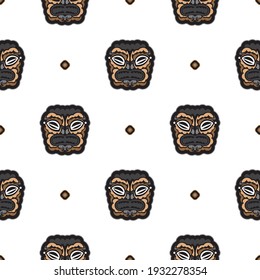 Seamless pattern with the face of the Polynesian tribesmen. Good for prints, backgrounds, cards, and textiles. Vector illustration.