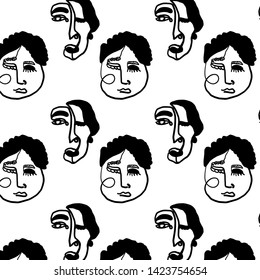 Seamless pattern face portrait, abstract line continuous , cubism surrealistic graphic style. Human head logo. Contemporary creative textures. 