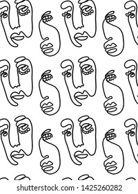 Seamless pattern face portrait, abstract line continuous , cubism surrealistic graphic style. Human head logo. Contemporary creative textures. 