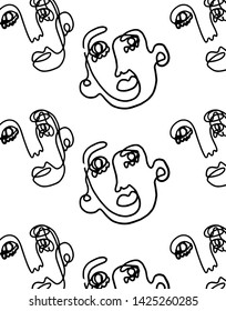 Seamless pattern face portrait, abstract line continuous , cubism surrealistic graphic style. Human head logo. Contemporary creative textures. 