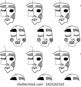 Seamless pattern face portrait, abstract line continuous , cubism surrealistic graphic style. Human head logo. Contemporary creative textures. 